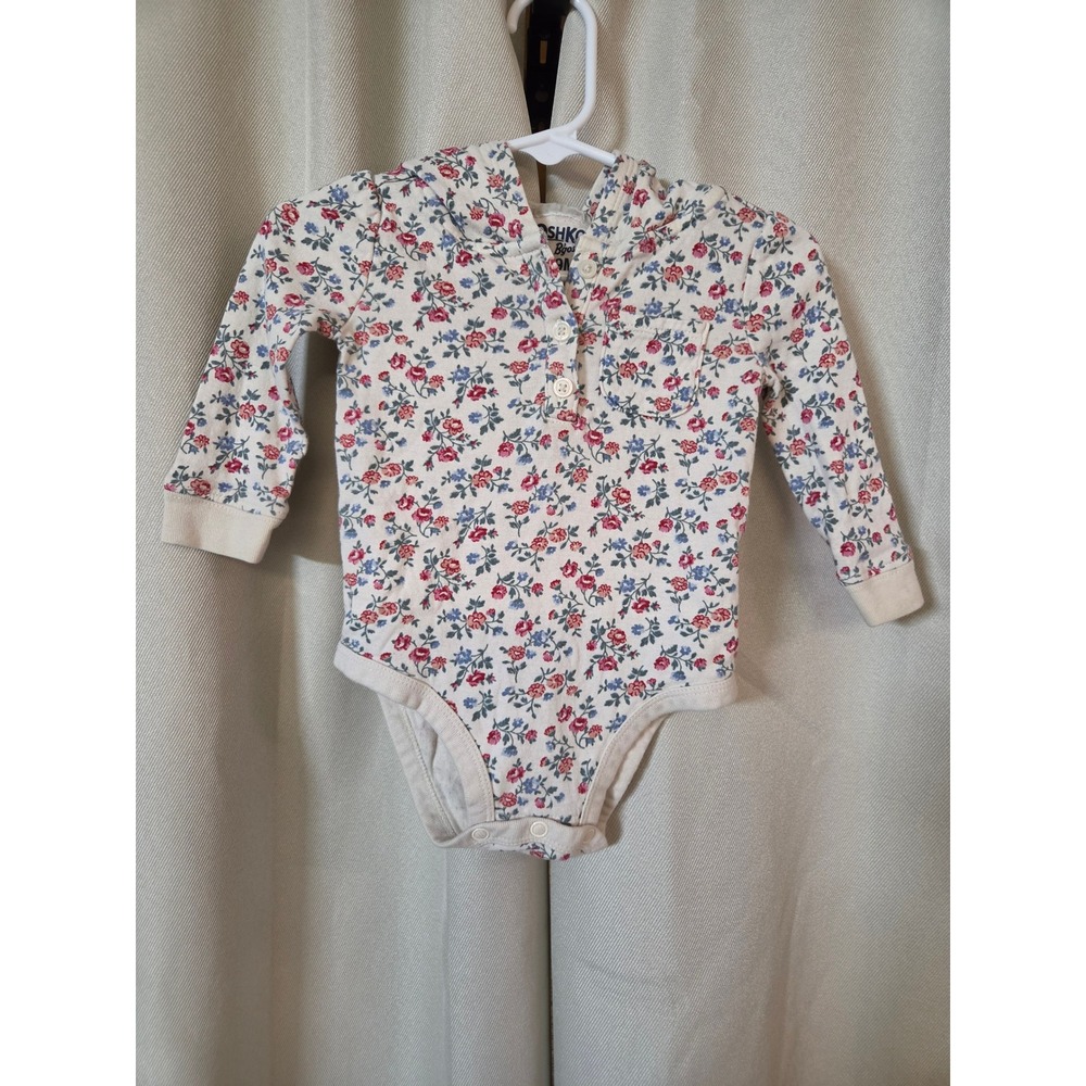 OshKosh B'gosh Baby Girls Cream Floral Hooded Henley Bodysuit 9M